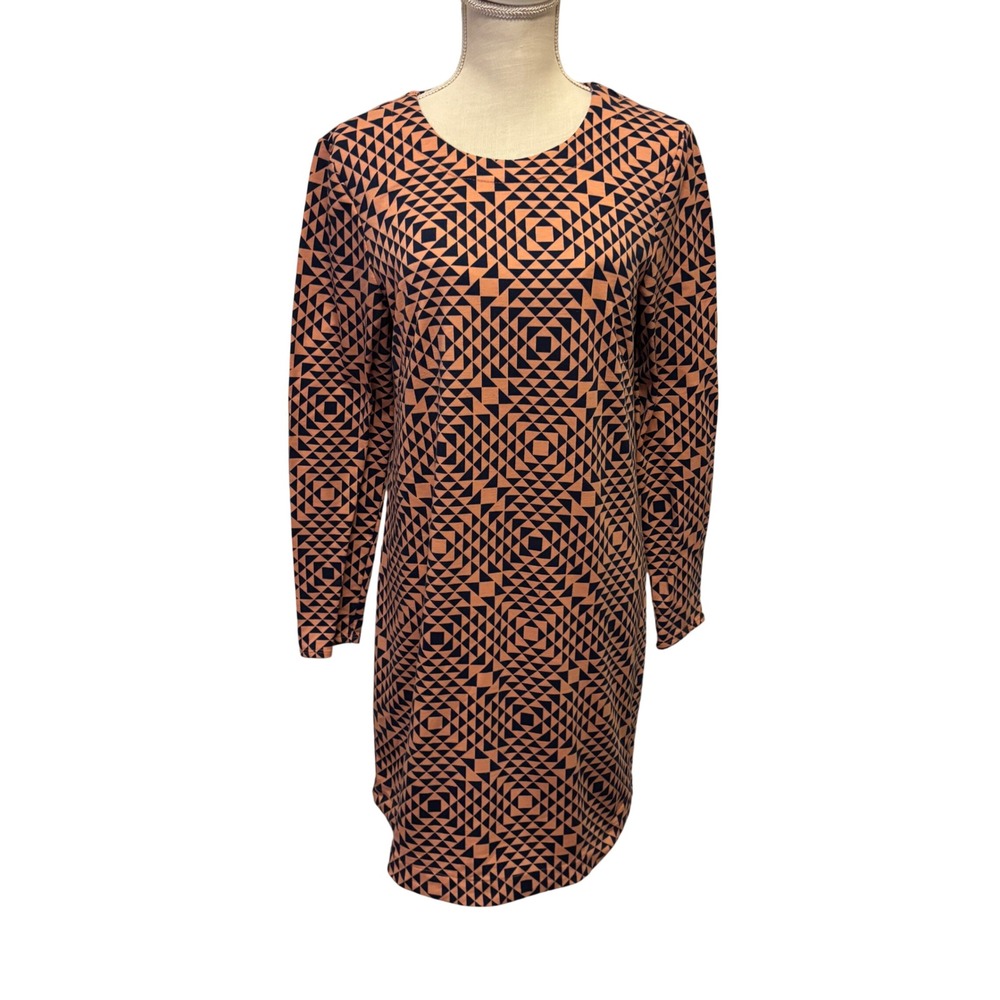 GRIFFIN PARIS Geometric Print‎ Long Sleeve Casual Dress Women Medium Coral Navy
